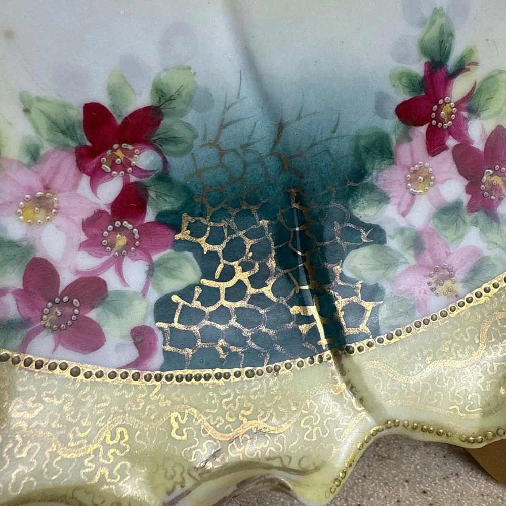 Antique Wheelock Tokio Japan Hand Painted Floral Spiderweb Porcelain Bowl Gold